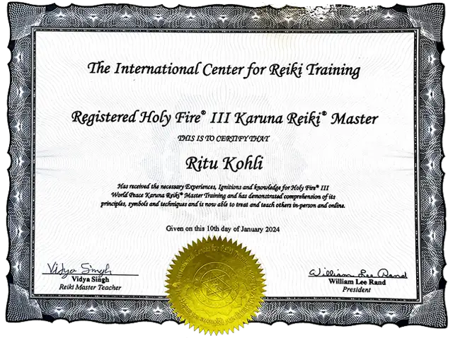 Ritu Kohli Certificate